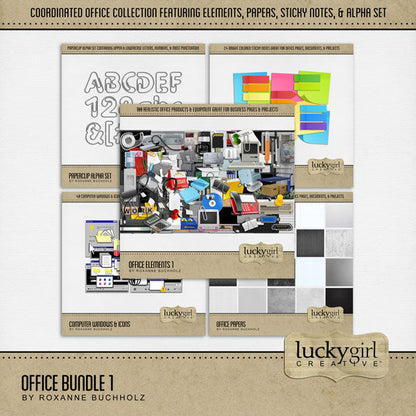 There are so many things going on around an office! From managing and marketing, to hiring and firing, and everything in between. Document what goes on in your business world with these realistic office embellishments, papers, sticky notes, computer windows, and alpha set by Lucky Girl Creative digital art for digital scrapbooking. Great for employees, clients, business owners, sales people, and school projects, too! Embellishments include binders, briefcase, cabinet, calculator, calendar, chair, circuit