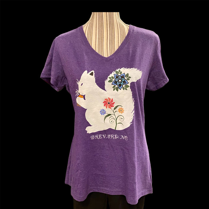 T-Shirt - Adult - Floral White Squirrel - Short Sleeve V-Neck in Heathered Purple