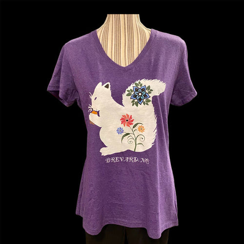 T-Shirt - Adult - Floral White Squirrel - Short Sleeve V-Neck in Heathered Purple
