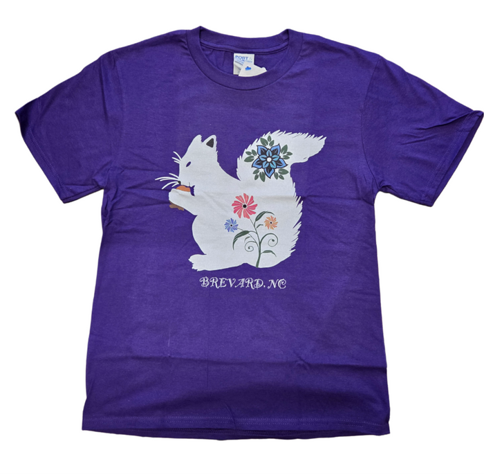 T-Shirt - Youth/Kids - Floral White Squirrel - Short Sleeve Crew Neck in Purple