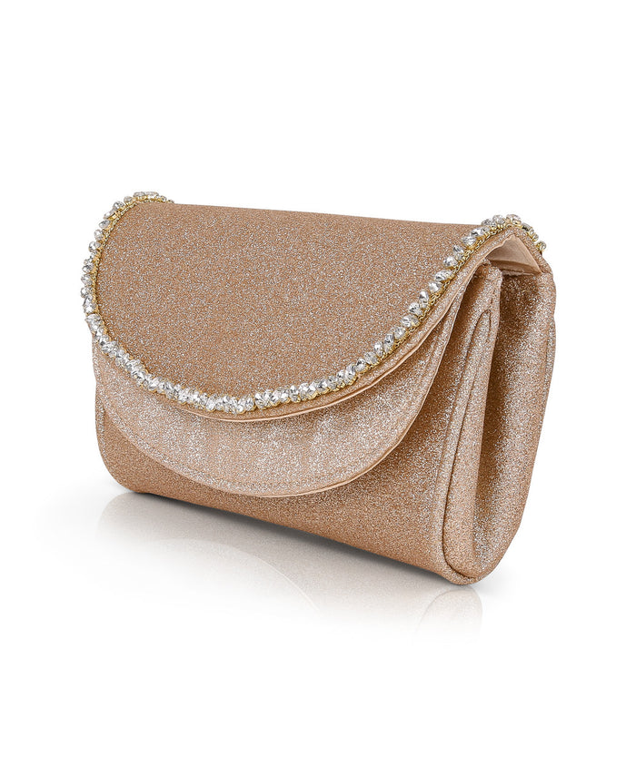 Gold | Talia Satin Double Flap Clutch with Crystal Trim Side