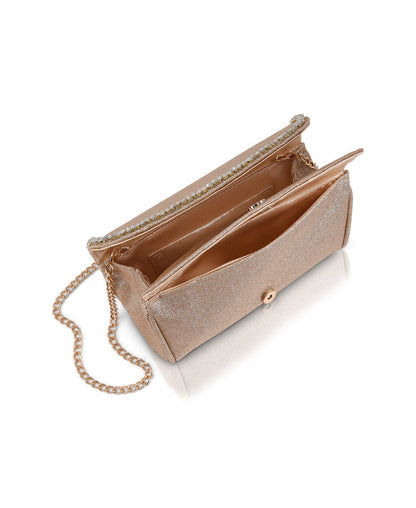 Gold | Talia Satin Double Flap Clutch with Crystal Trim Open