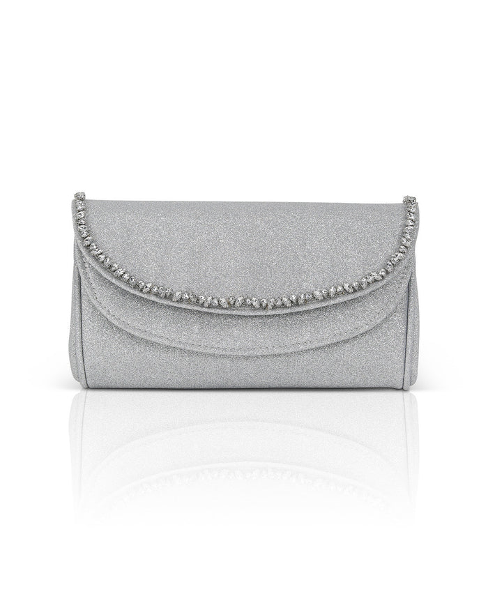 Silver | Talia Satin Double Flap Clutch with Crystal Trim