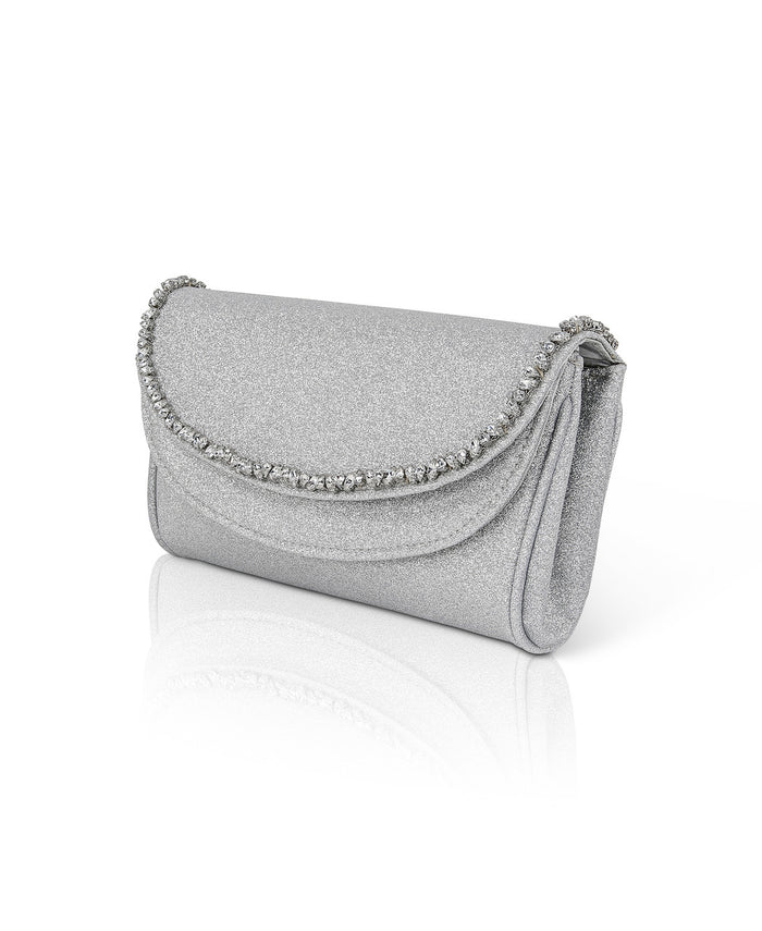 Silver | Talia Satin Double Flap Clutch with Crystal Trim