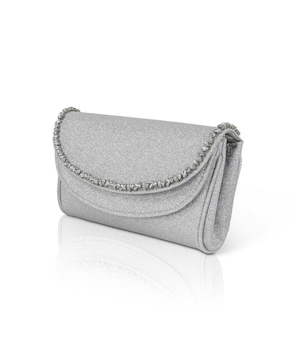 Silver | Talia Satin Double Flap Clutch with Crystal Trim