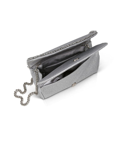 Silver | Talia Satin Double Flap Clutch with Crystal Trim