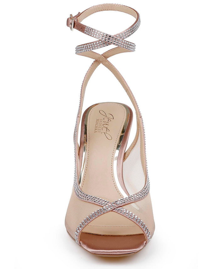 Blush Mesh | Tamera Peep Toe Heels with Wraparound Strap