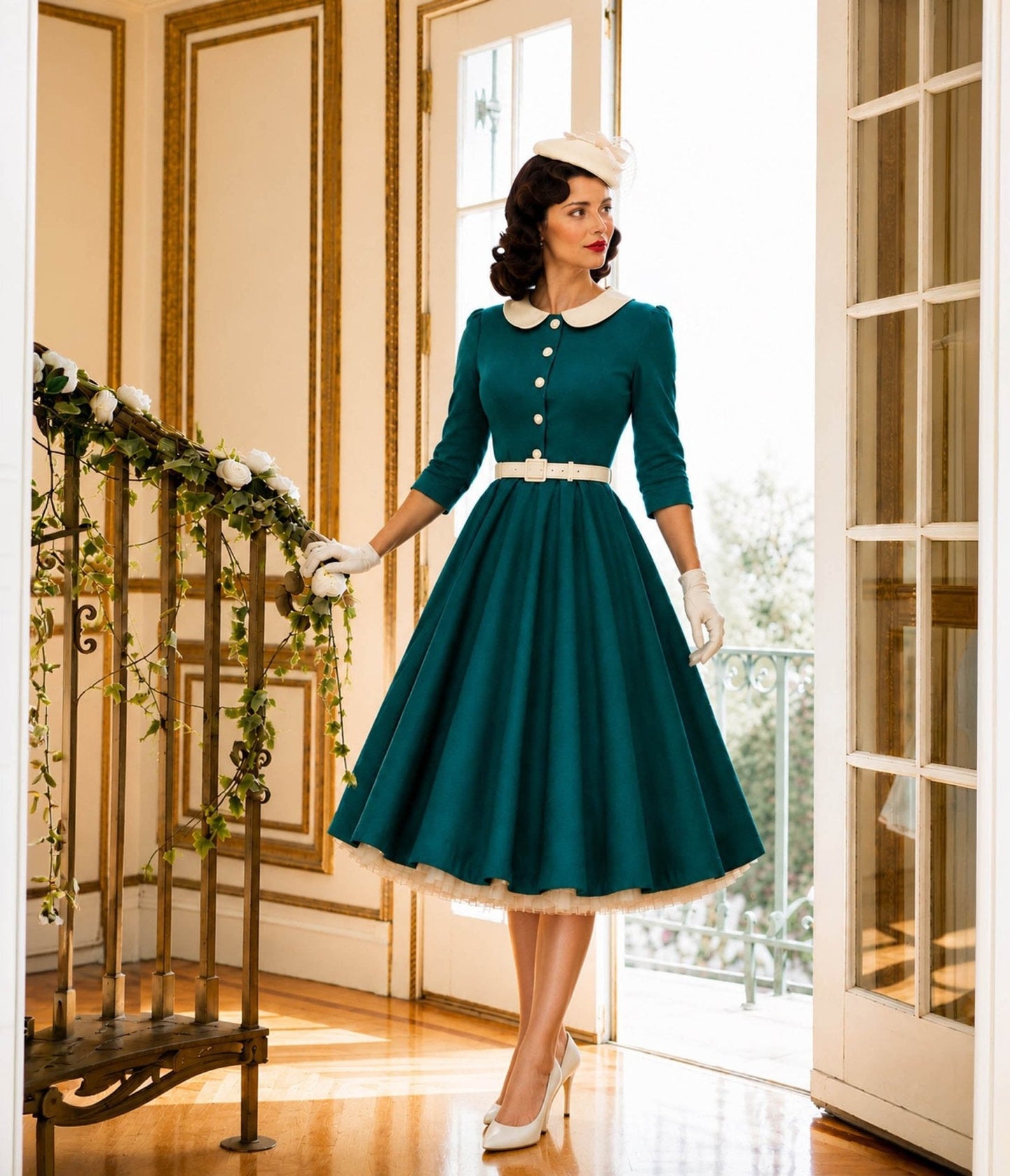 Teal & White Collared Three Quarter Sleeve Swing Dress