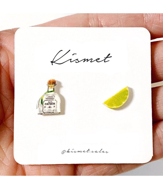 Tequila Bottle & Lime Slice Novelty Stud Earrings