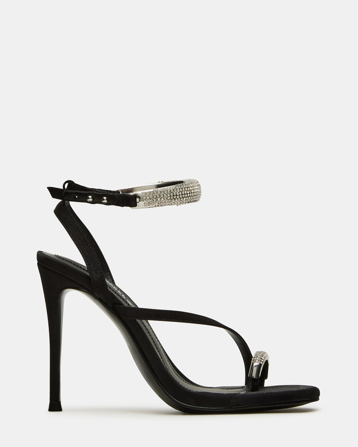 TIA Rhinestones Black Satin Open-Toe Stiletto Women's Heel | Steve Madden