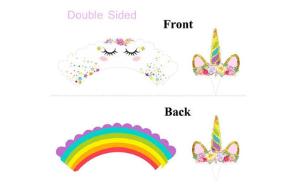 Unicorn Cupcake Toppers and Wrappers Double Sided (Unicorn/Rainbow) (12 pcs)