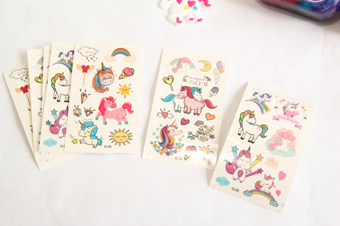 Unicorn Party Favors for Kids Bundle (12 of Each Item) Slime, Bags, Rings, Tattoo & Keychains