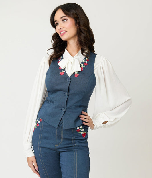 Unique Vintage 1940s Denim Embroidered Button Up Vest