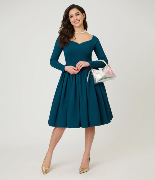 Unique Vintage 1950s Teal Sweetheart Swing Dress