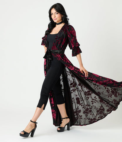 Unique Vintage Black & Berry Floral Velvet Burnout Duster