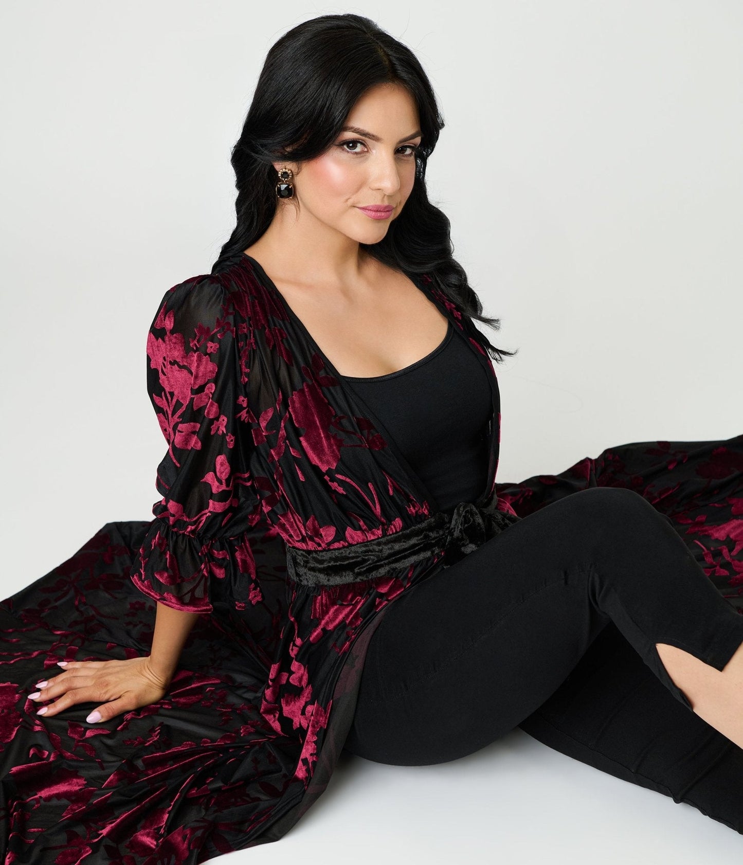 Unique Vintage Black & Berry Floral Velvet Burnout Duster