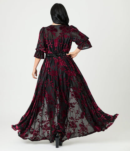 Unique Vintage Black & Berry Floral Velvet Burnout Duster