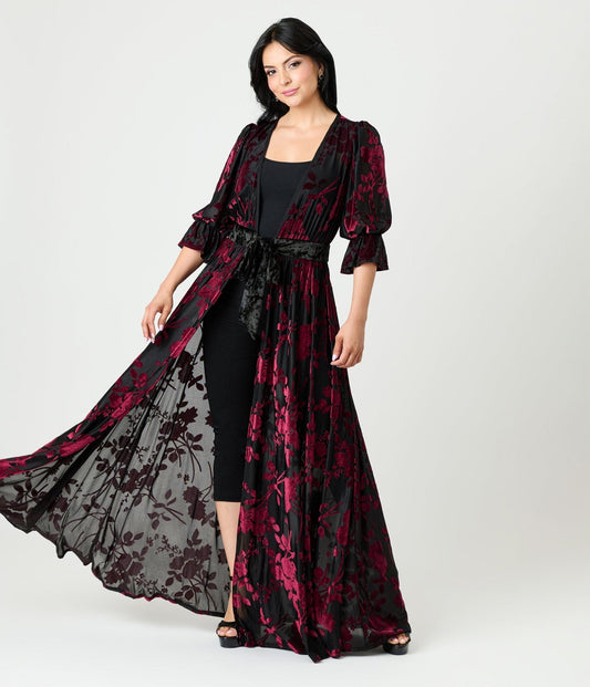 Unique Vintage Black & Berry Floral Velvet Burnout Duster