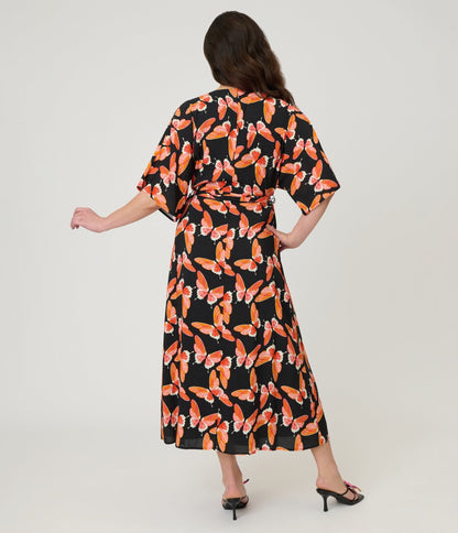 Unique Vintage Black Butterfly Print Wrap Midi Dress