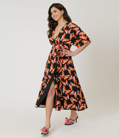 Unique Vintage Black Butterfly Print Wrap Midi Dress