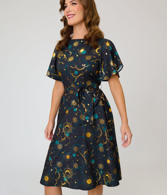 Unique Vintage Black Celestial Print Swing Dress