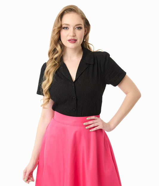 Unique Vintage Black Jacquard Notched Collar Blouse