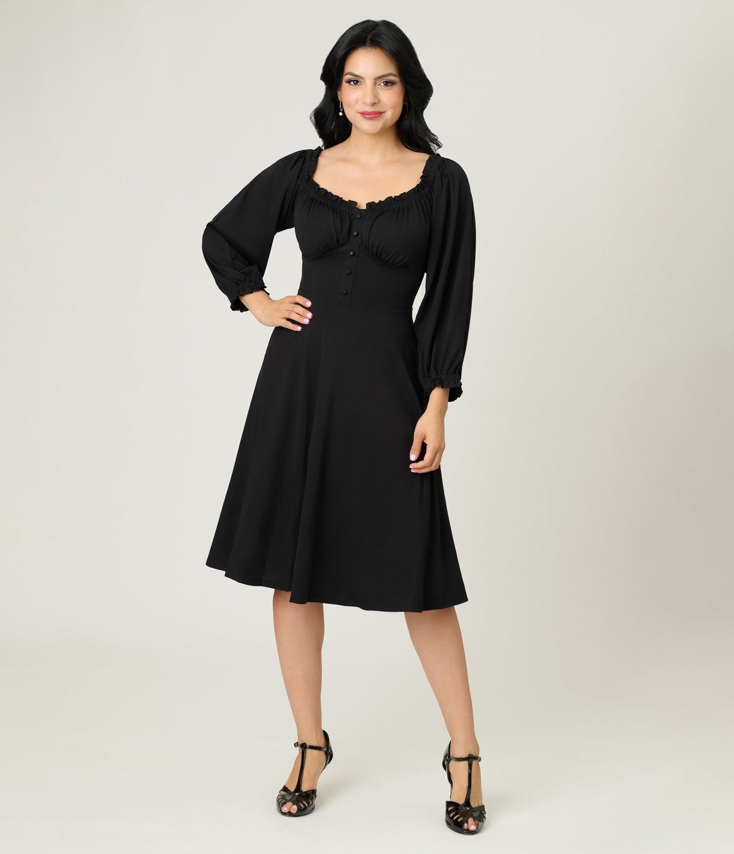 Unique Vintage Black Peasant Sleeve Swing Dress
