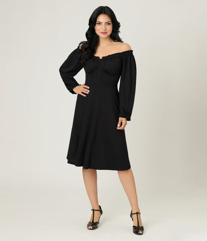 Unique Vintage Black Peasant Sleeve Swing Dress