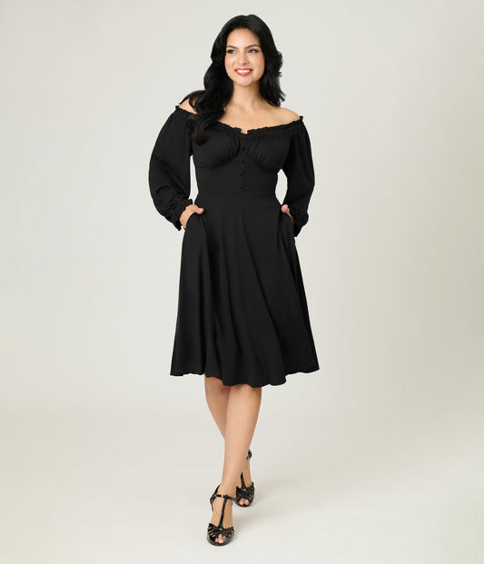 Unique Vintage Black Peasant Sleeve Swing Dress