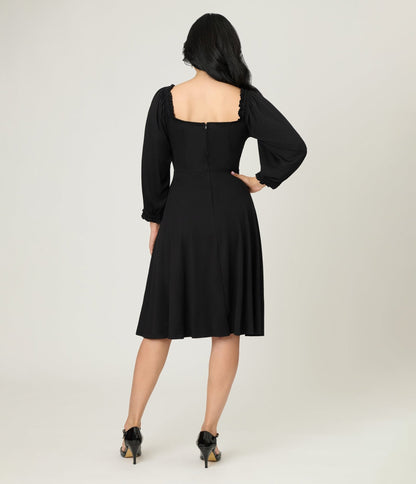 Unique Vintage Black Peasant Sleeve Swing Dress