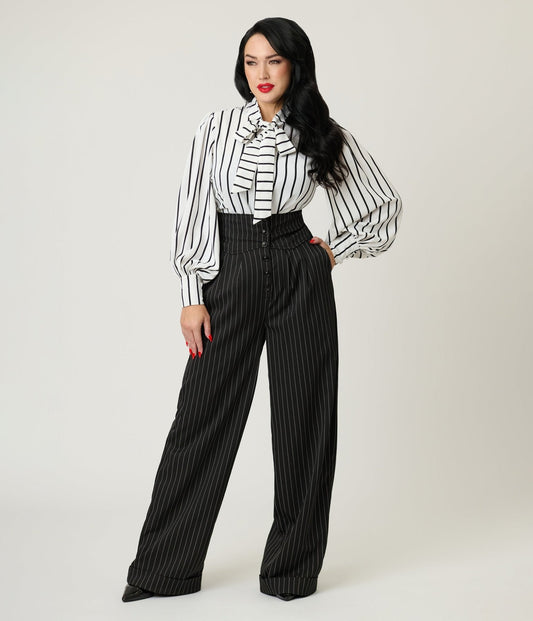Unique Vintage Black Pinstripe High Waist Trousers