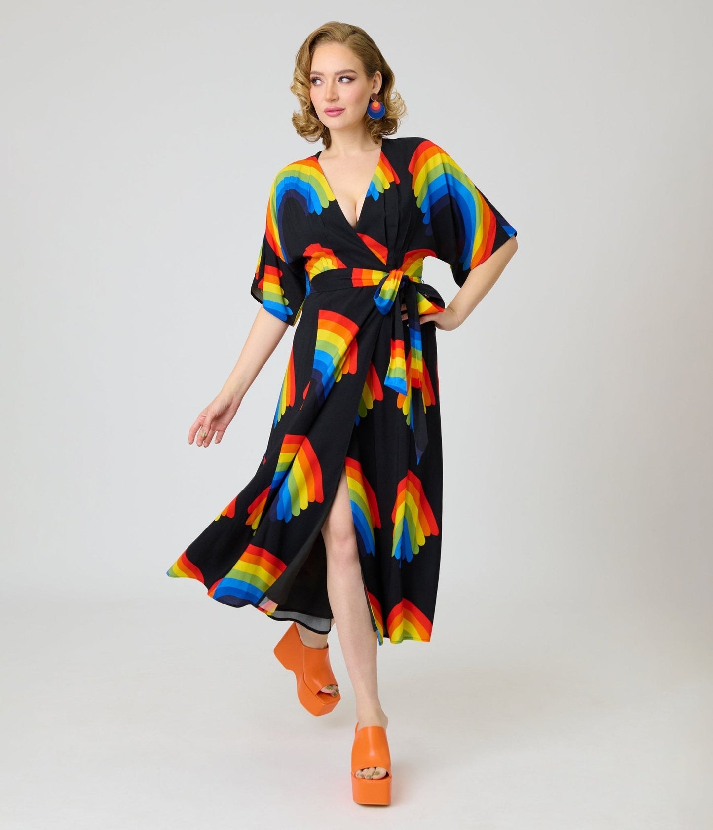 Unique Vintage Black Rainbow Wrap Midi Dress