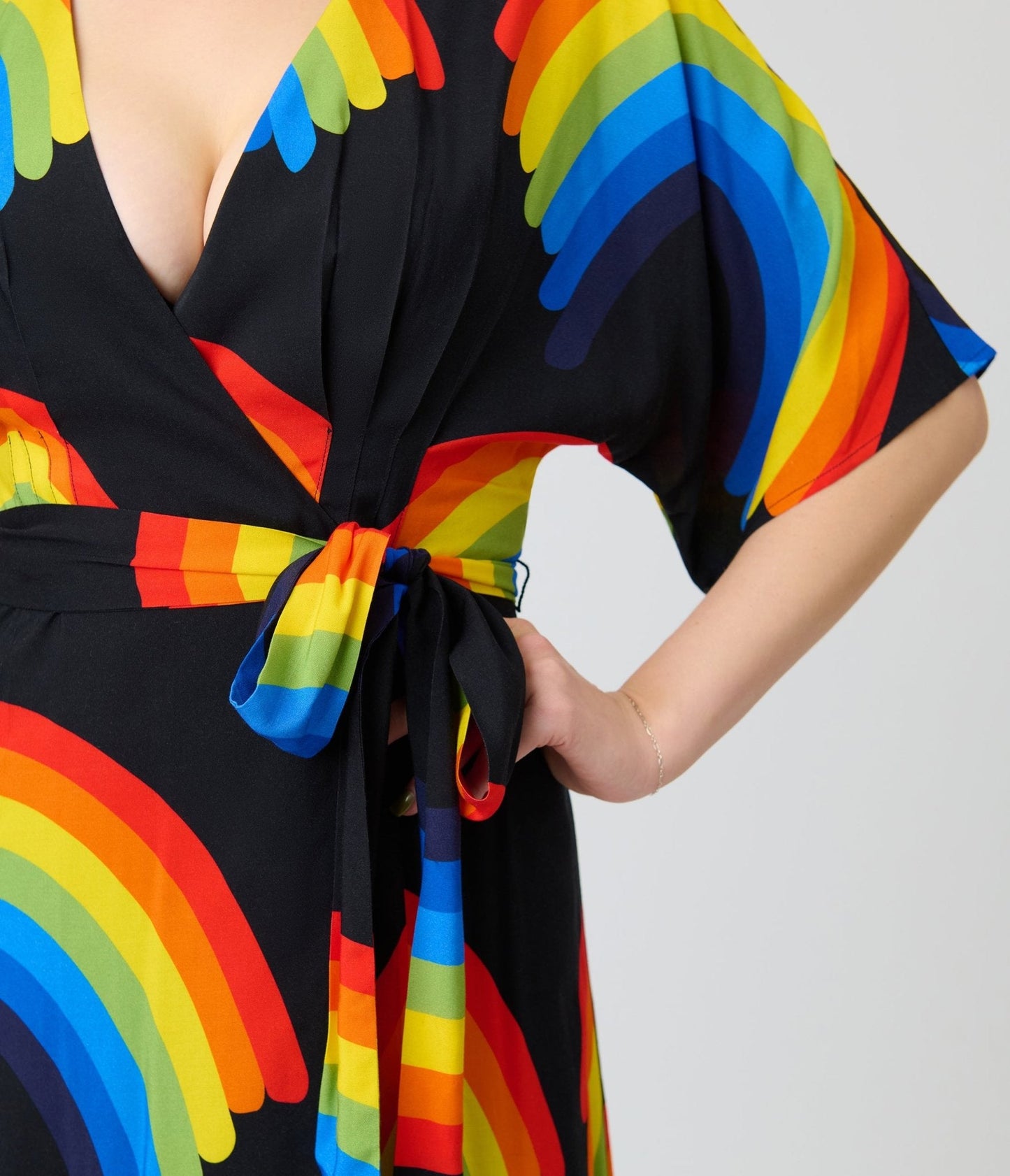 Unique Vintage Black Rainbow Wrap Midi Dress