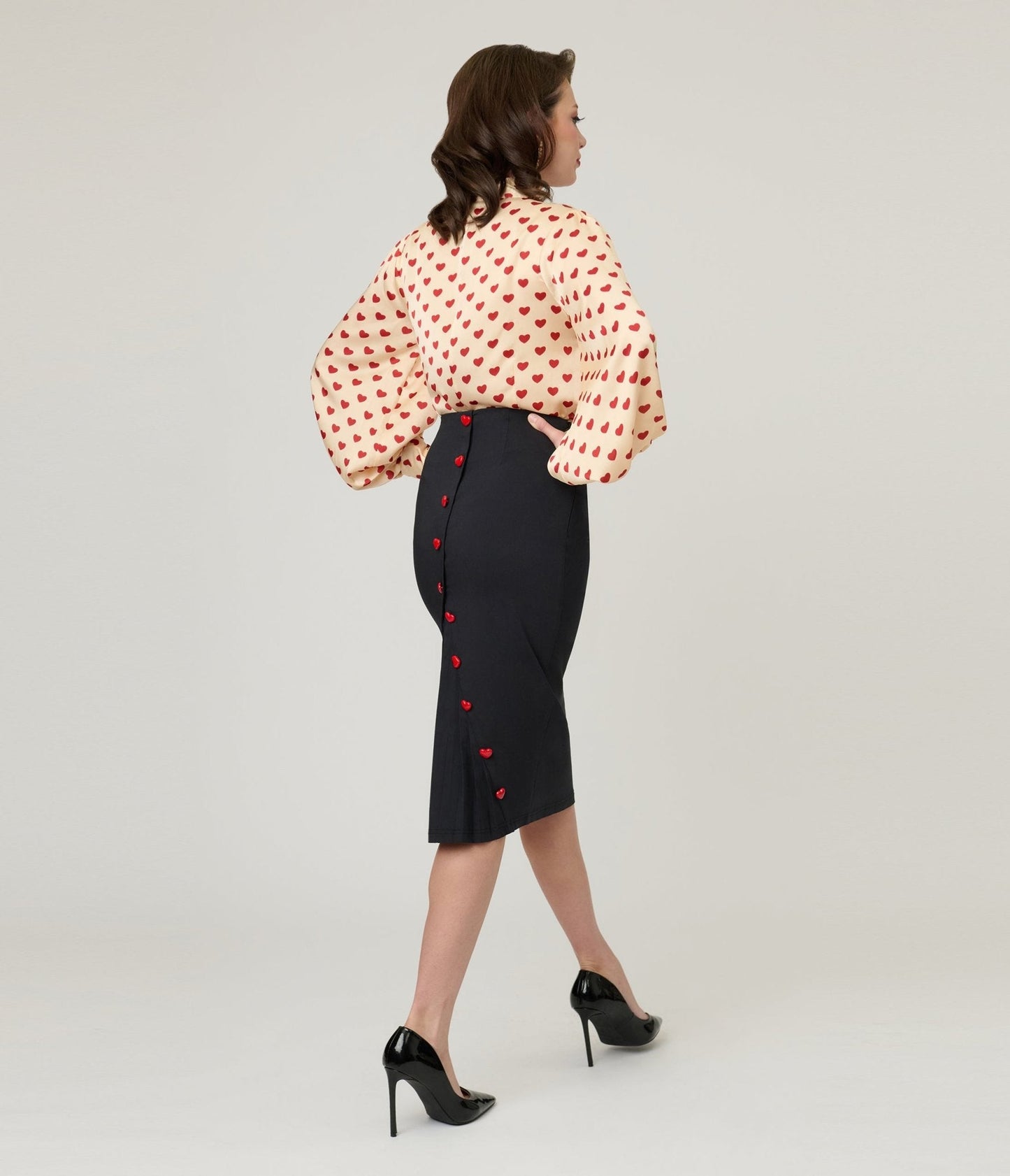 Unique Vintage Black & Red Heart Button Pencil Skirt
