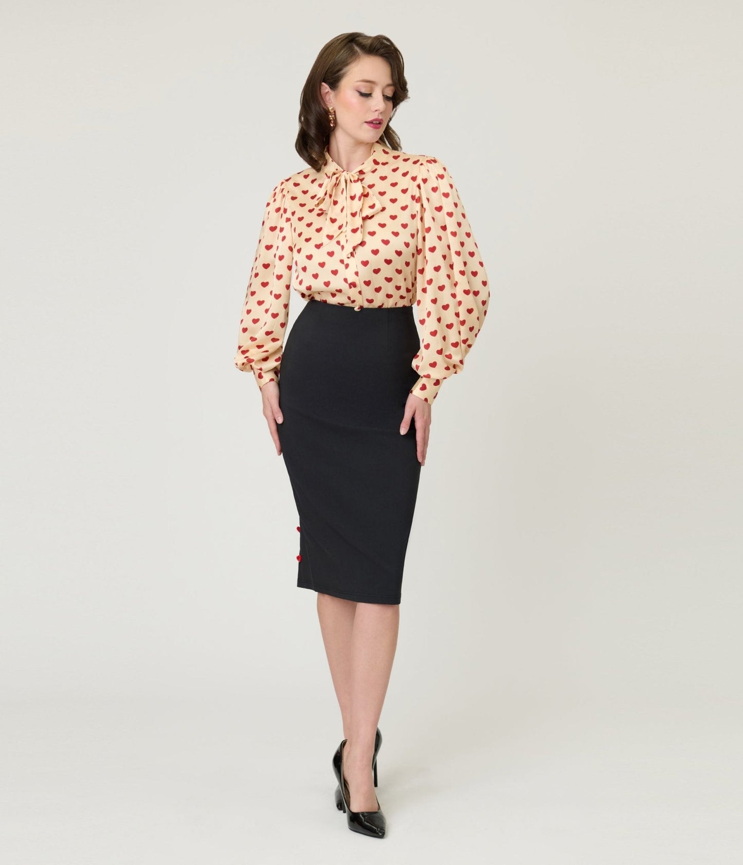 Unique Vintage Black & Red Heart Button Pencil Skirt