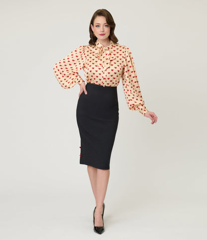 Unique Vintage Black & Red Heart Button Pencil Skirt