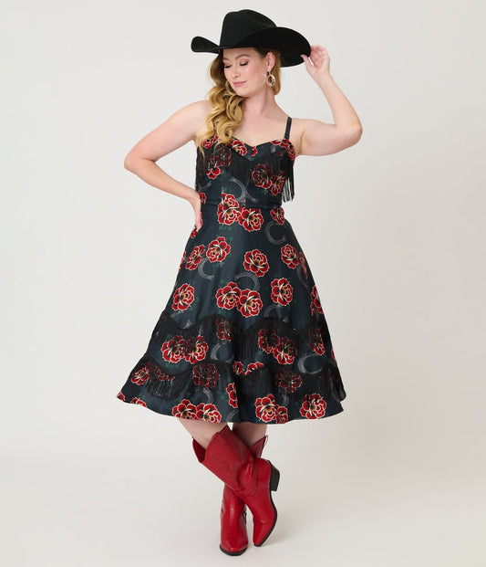 Unique Vintage Black & Rose Print Fringe Girlie Swing Dress