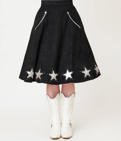 Unique Vintage Black & Silver Rhinestone Stars Western Suede Swing Skirt