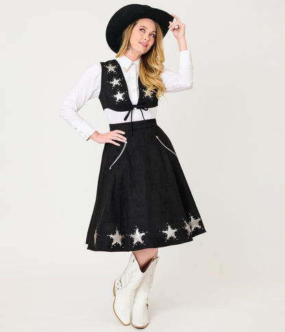 Unique Vintage Black & Silver Rhinestone Stars Western Suede Swing Skirt