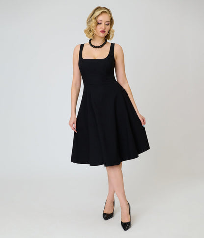 Unique Vintage Black Square Neck Pleated Swing Dress