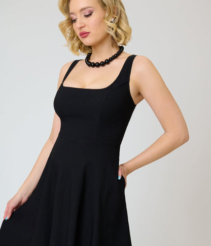 Unique Vintage Black Square Neck Pleated Swing Dress
