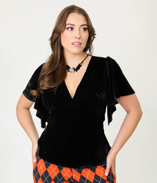 Unique Vintage Black Velvet Flutter Sleeve Top