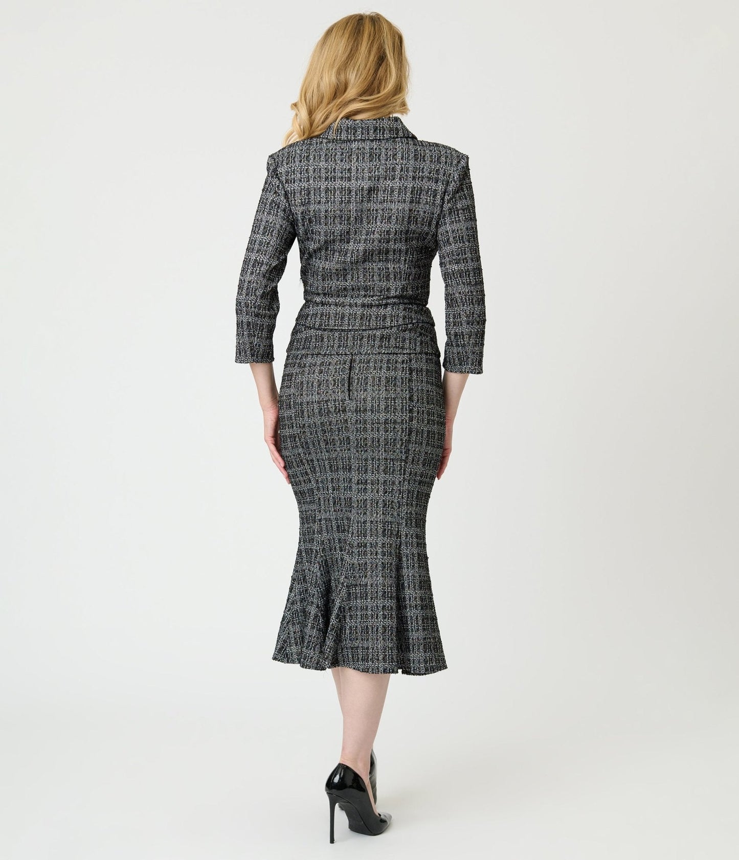 Unique Vintage Black & White Plaid Boucle Trumpet Skirt
