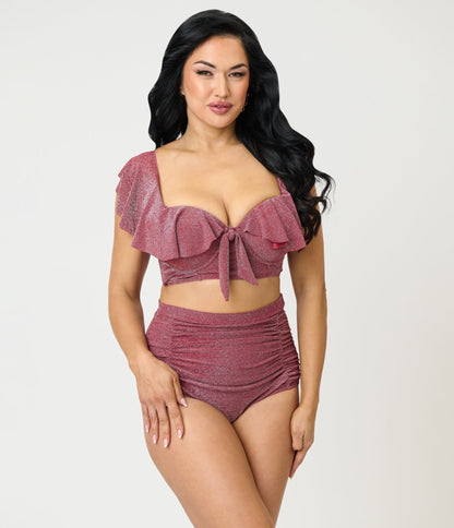 Unique Vintage Burgundy Lurex Ruffled Cap Sleeve Frida Swim Top