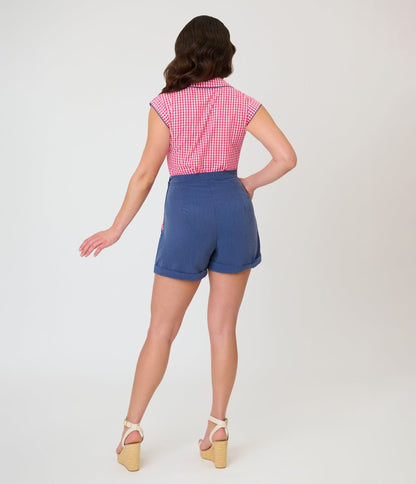 Unique Vintage Chambray & Hot Pink Gingham High Waist Shorts
