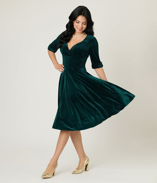 Unique Vintage Emerald Textured Velvet Delores Swing Dress
