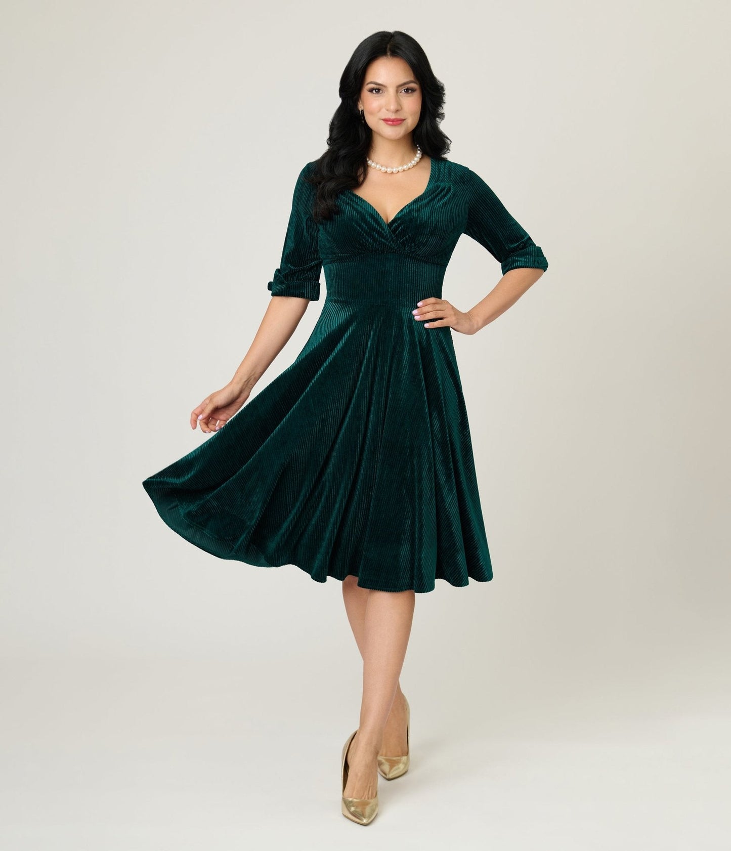 Unique Vintage Emerald Textured Velvet Delores Swing Dress