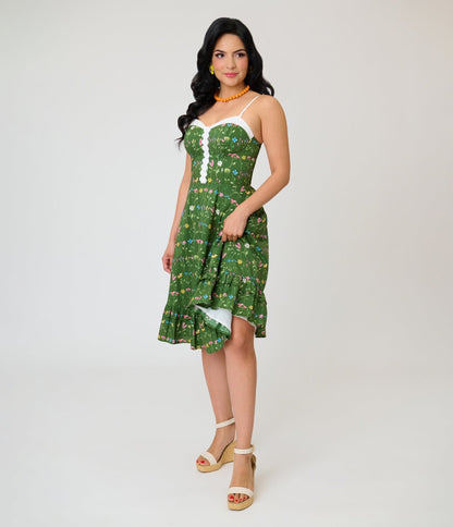 Unique Vintage Green Floral Sweetheart Swing Dress