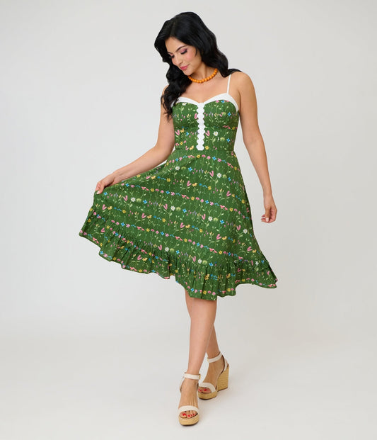 Unique Vintage Green Floral Sweetheart Swing Dress