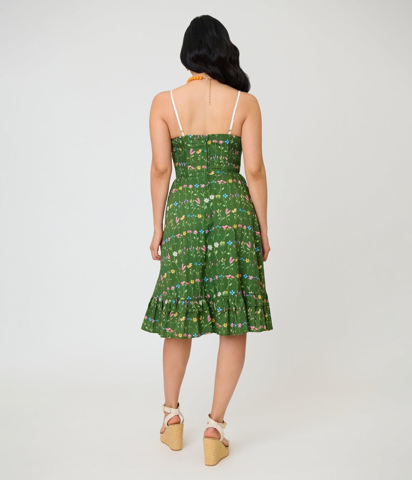 Unique Vintage Green Floral Sweetheart Swing Dress